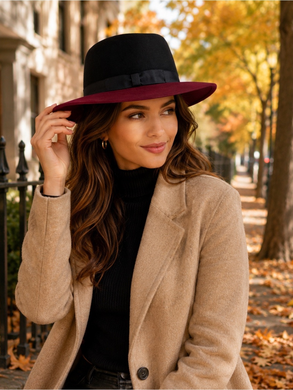 Magid Two-Tone Burgundy & Black Wool Felt Fedora Hat Ribbon Bow